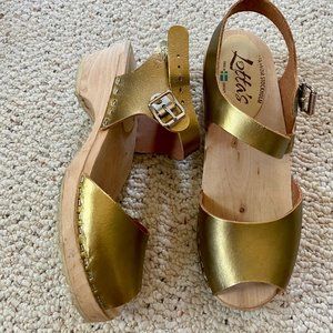 Lotta's From Stockholm gold leather Swedish wooden clog heels, women's size 37